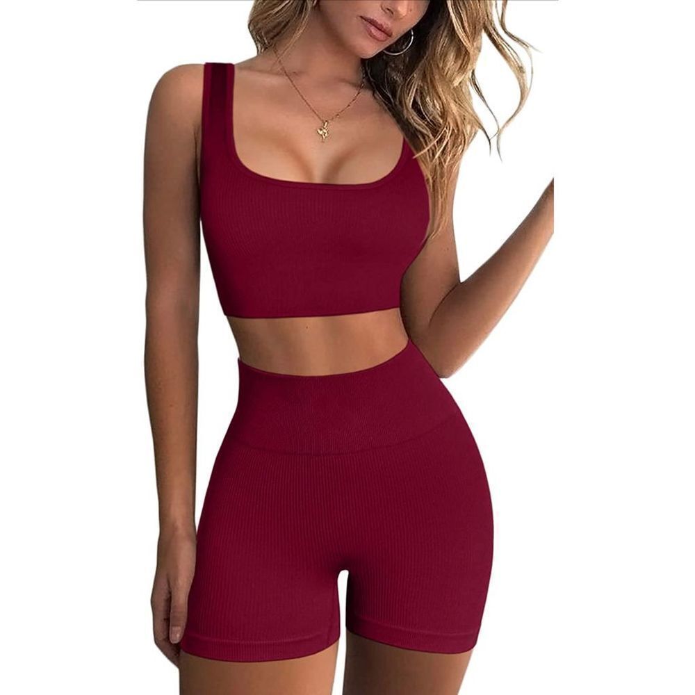 FAFOFA Workout Sets for Women 2 Piece Seamless Ribbed Crop Tank High Waist Short